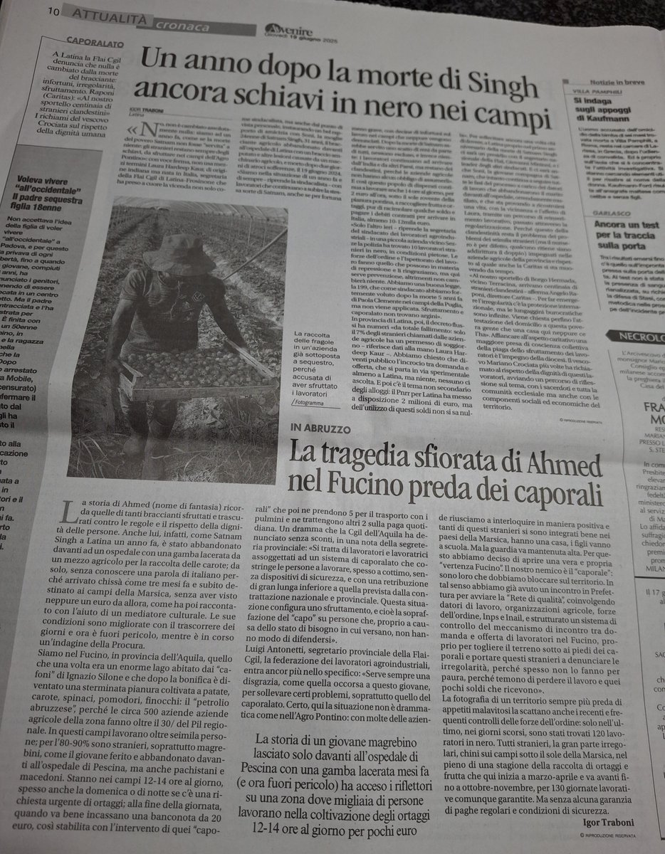 Igor Traboni (@igortraboni) on Twitter photo Oggi su Avvenire: niente è cambiato dopo la morte, un anno fa a Latina, di un giovane bracciante agricolo indiano, stritolato da un macchinario. Piaga del lavoro nero e del caporalato sempre più diffusa anche nel Fucino, di cui scrivo sempre oggi. <a href="/flaicgil/">Flai Cgil nazionale</a> #caporalato Oggi su Avvenire: niente è cambiato dopo la morte, un anno fa a Latina, di un giovane bracciante agricolo indiano, stritolato da un macchinario. Piaga del lavoro nero e del caporalato sempre più diffusa anche nel Fucino, di cui scrivo sempre oggi. <a href="/flaicgil/">Flai Cgil nazionale</a> #caporalato