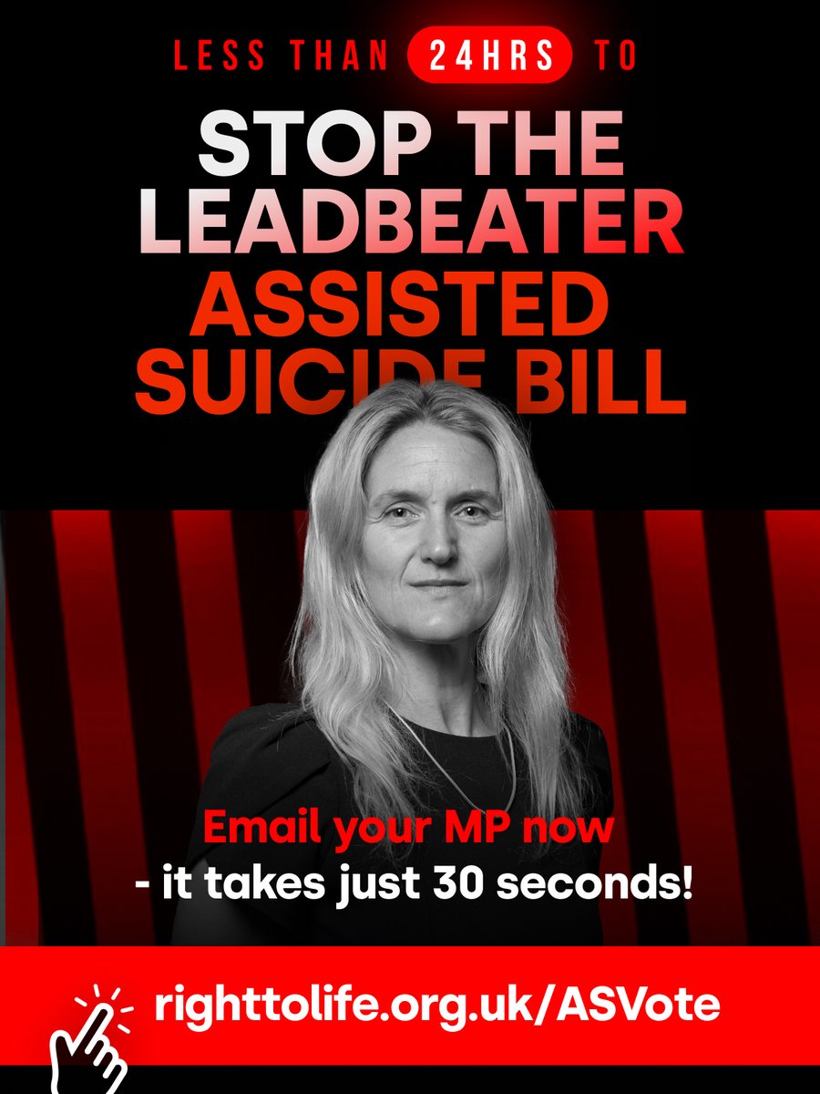 📢URGENT: The final vote on assisted suicide is less than 24 hours away!

Email your MP NOW - it takes just 30 seconds!
👉 righttolife.org.uk/asvote

The MP email tool at the link above is quick and easy to use. Every email makes a difference.