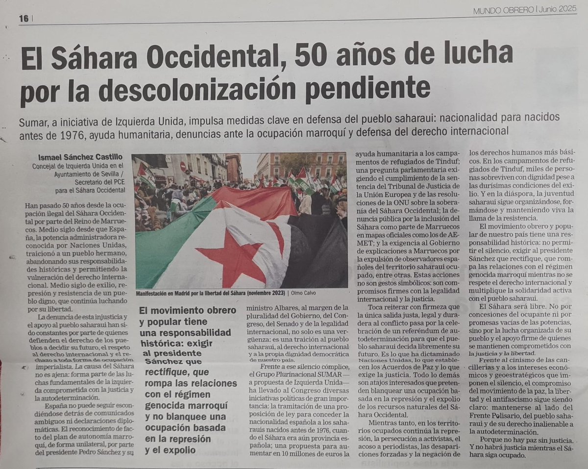 Ismael Sánchez Castillo 🔻 (@ismaelsc_) on Twitter photo 📢 Publico en <a href="/mundoobrero/">Mundo Obrero 🇵🇸</a> un artículo sobre los 50 años de lucha del pueblo saharaui por su descolonización y libertad.
✊ Medio siglo de resistencia.
📄 Aquí cuento las iniciativas que estamos impulsando desde <a href="/IzquierdaUnida/">Izquierda Unida🔻🇵🇸</a> en apoyo al pueblo saharaui. 📢 Publico en <a href="/mundoobrero/">Mundo Obrero 🇵🇸</a> un artículo sobre los 50 años de lucha del pueblo saharaui por su descolonización y libertad.
✊ Medio siglo de resistencia.
📄 Aquí cuento las iniciativas que estamos impulsando desde <a href="/IzquierdaUnida/">Izquierda Unida🔻🇵🇸</a> en apoyo al pueblo saharaui.