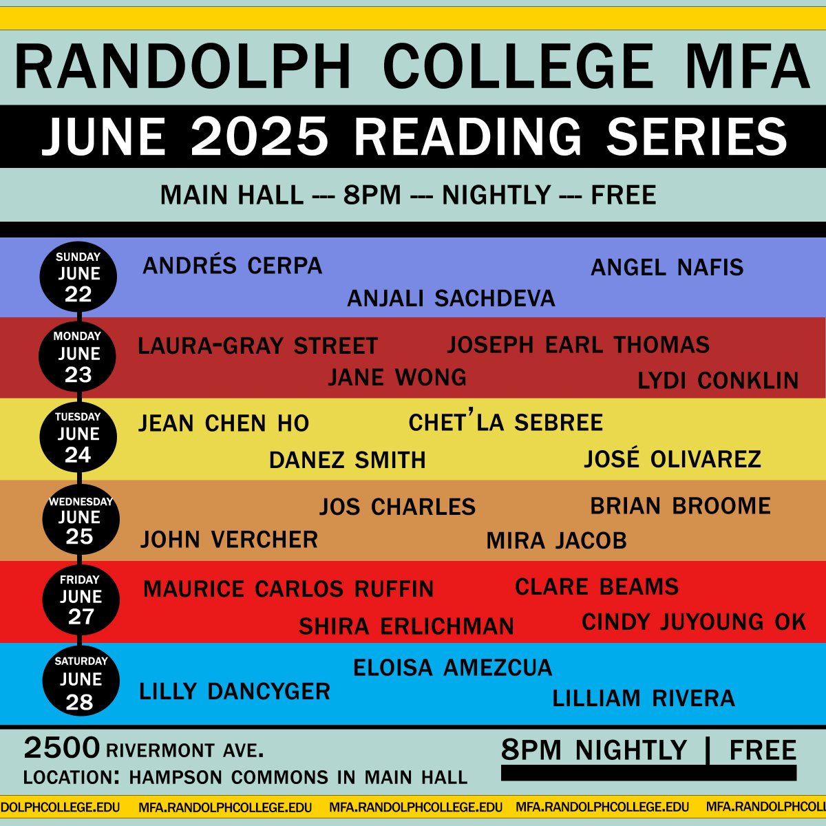 Coming soon <a href="/randolphmfa/">Randolph College MFA</a>. All readings are free and open to the public!