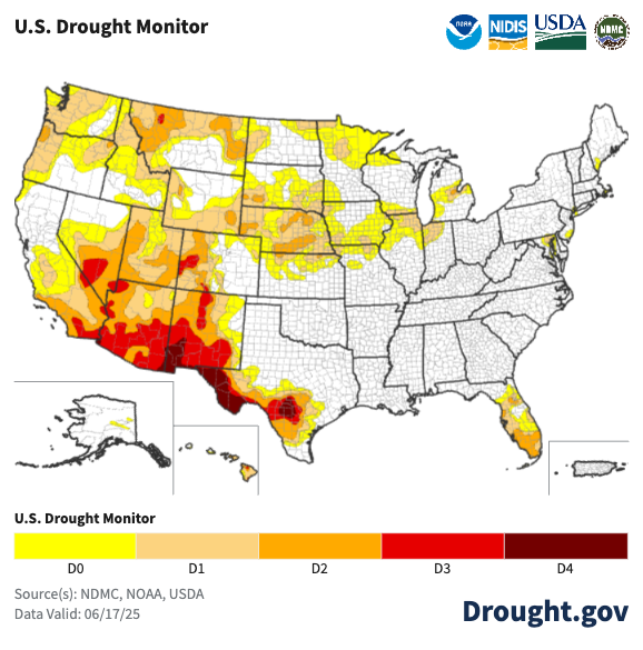#DroughtMonitor 6/17: Another wet week for the Lower 48 led to improvements in most regions, including the East, Midwest &amp; Plains.

Mixed for the SW. Like last week, NW was the only region w/ all degradations.

#Drought2025’s Footprint: 25.2% of USA
drought.gov <a href="/NOAA/">NOAA</a>