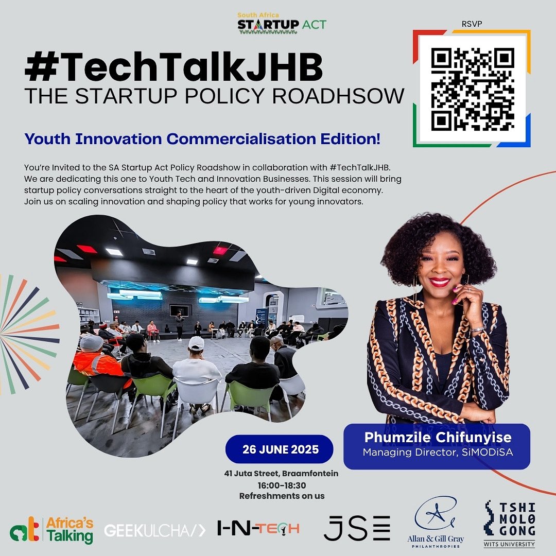 SA_startupact's tweet photo. 🎙 Speaker Spotlight: Phumzile Chifunyise — MD of SiMODiSA &amp; Secretariat of SA Startup Act Movement. Championing startup-friendly policies, financial inclusion &amp; youth voices in policy reform.

📅 26 June | 16:00 | Tshimologong
🔗 https://t.co/Pc1lY9BzQE

#YouthMonth2025 https://t.co/kqAY9M1cqy