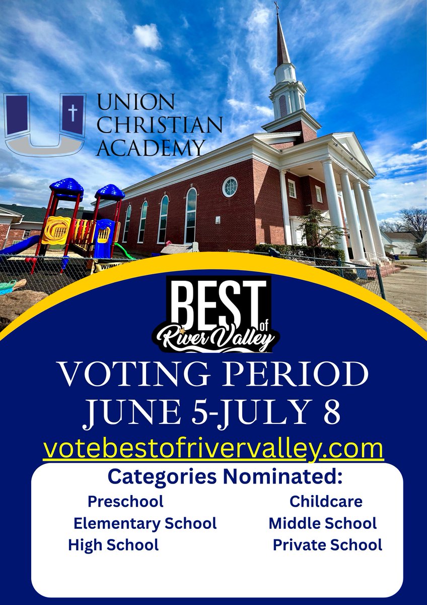 unionchristian's tweet photo. Reminder: You can Vote Every Day!!!
Voting for the Best of the River Valley is June 5 through July 8 at https://t.co/wrppK8PxuN
Union Christian Academy has been nominated in the following categories: 
Preschool
Elementary School
Middle School
High School
Private School
Childcare https://t.co/hw35sxB0MO