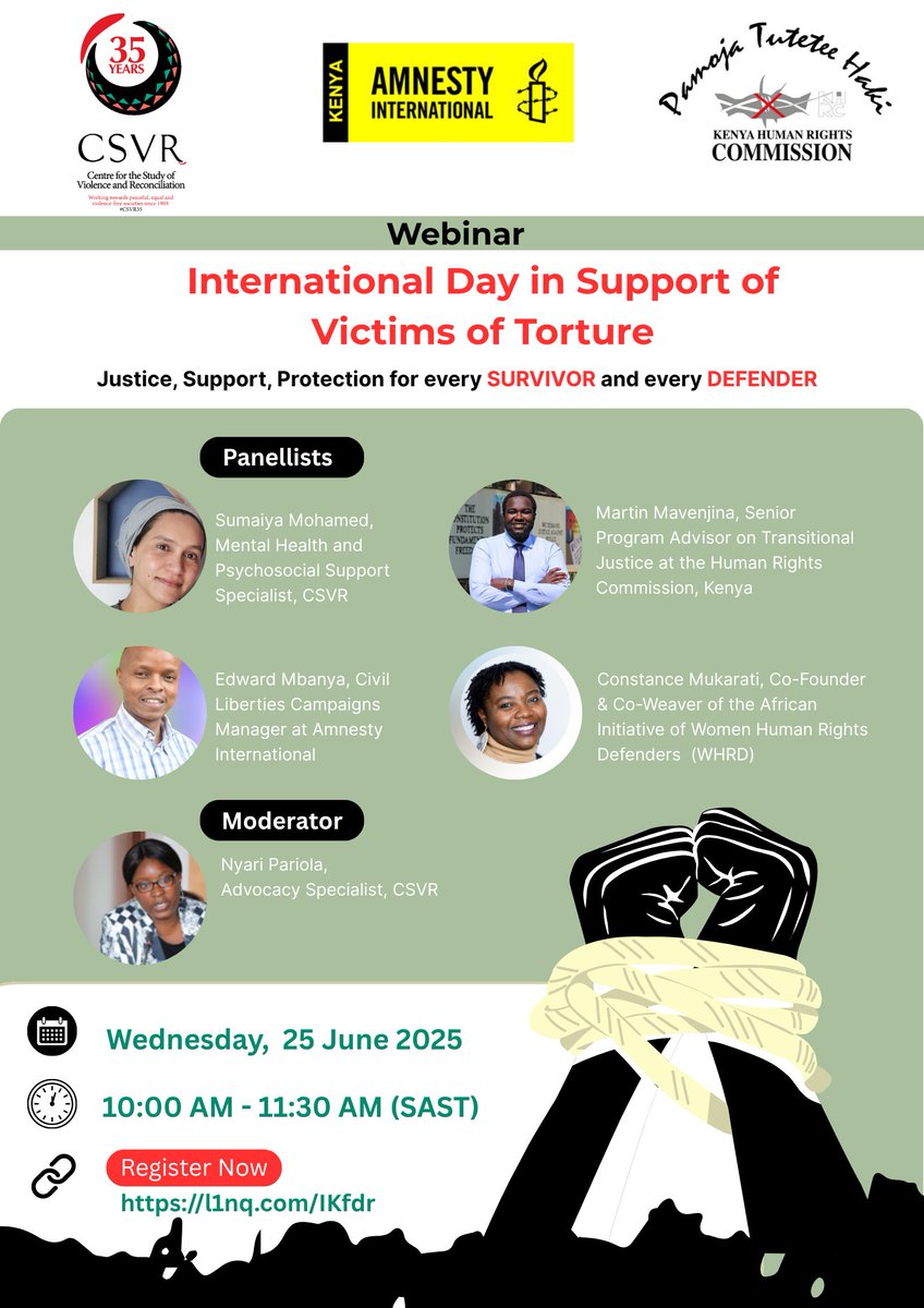 Centre for the Study of Violence & Reconciliation (@_csvr) on Twitter photo 🚨✉️WEBINAR INVITE: International Day in Support of Victims of Torture
Join us and our partner; <a href="/amnesty/">Amnesty International</a> International International (Kenya), Initiative of Women Human Rights Defenders (<a href="/whrdinitiative/">African Initiative of Women Human Rights Defenders</a>) & Kenya Human Rights Commission on:
📅DATE: Wednesday, 25 June 2025 🚨✉️WEBINAR INVITE: International Day in Support of Victims of Torture
Join us and our partner; <a href="/amnesty/">Amnesty International</a> International International (Kenya), Initiative of Women Human Rights Defenders (<a href="/whrdinitiative/">African Initiative of Women Human Rights Defenders</a>) & Kenya Human Rights Commission on:
📅DATE: Wednesday, 25 June 2025