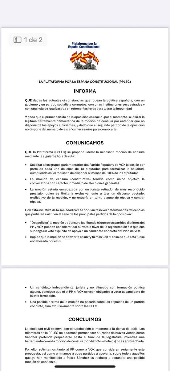 La Plataforma por la España Constitucional se postula para liderar una moción de censura ante las dudas del PP para promoverla (por no contar con los suficientes apoyos para ganarla) y ante la imposibilidad para VOX de proponerla, por no contar con los diputados necesarios para