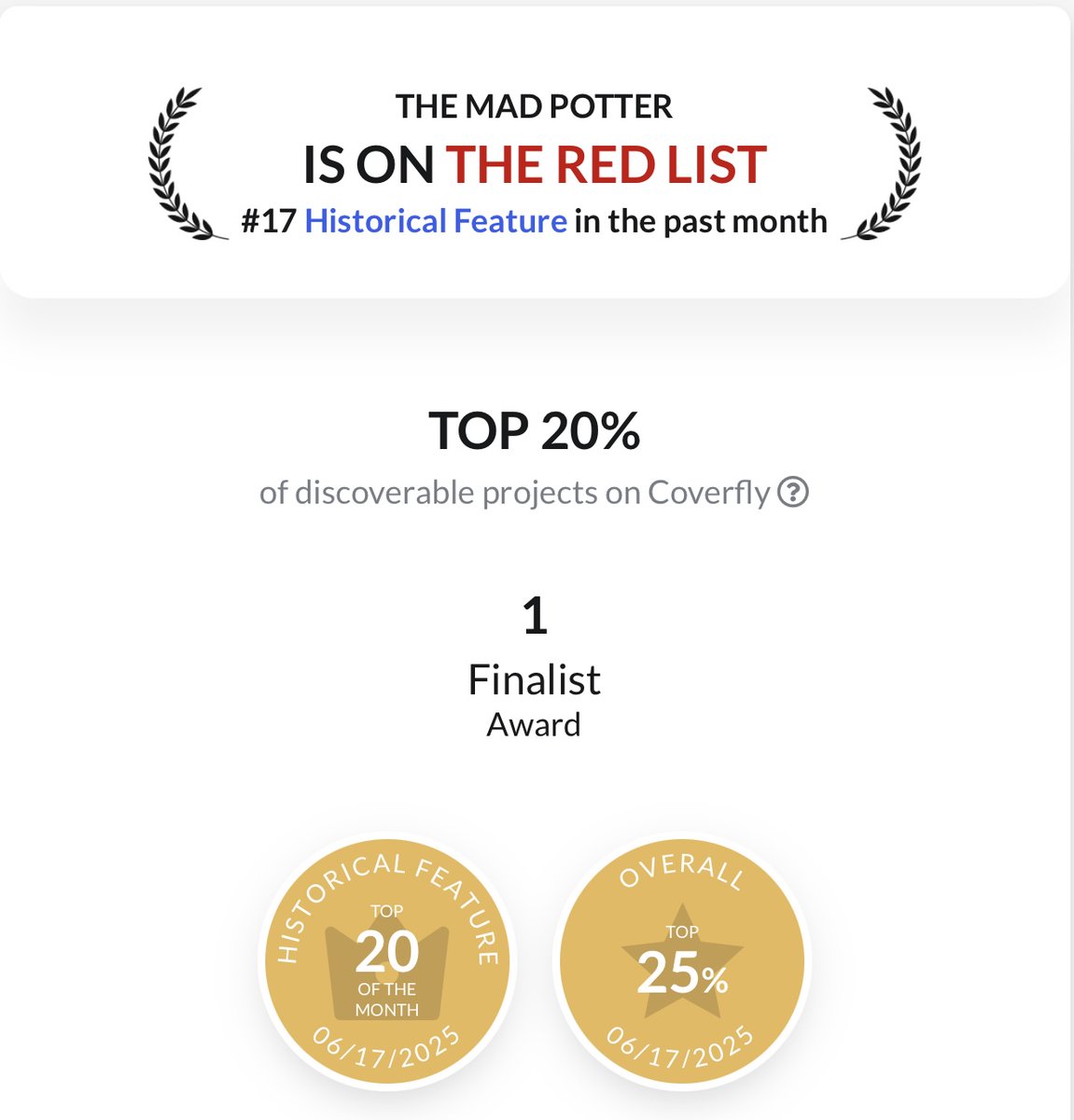 DrewLee9677's tweet image. 🎉 Honored to share that &quot;The Mad Potter&quot; has been named a Quarterfinalist in the Filmmatic Drama Screenplay Awards!

Grateful to be recognized among so many talented writers.
📖 Read the script:
simplyscripts.com/scripts/Andrew…
#Filmmatic #Screenwriting #TheMadPotter #DramaScreenplay…