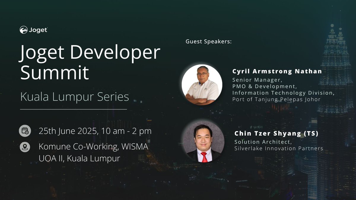🚀 Join the #JogetDeveloperSummit 2025 on June 25, 10AM–2PM, at Komune Co-Working, Kuala Lumpur. Hear from PTPMalaysia, Silverlake Innovation Partners &amp; Joget community. 

👉 RSVP: joget.com/joget-develope… 
👉 Join the Joget Developer #Community: linkedin.com/groups/1470801…