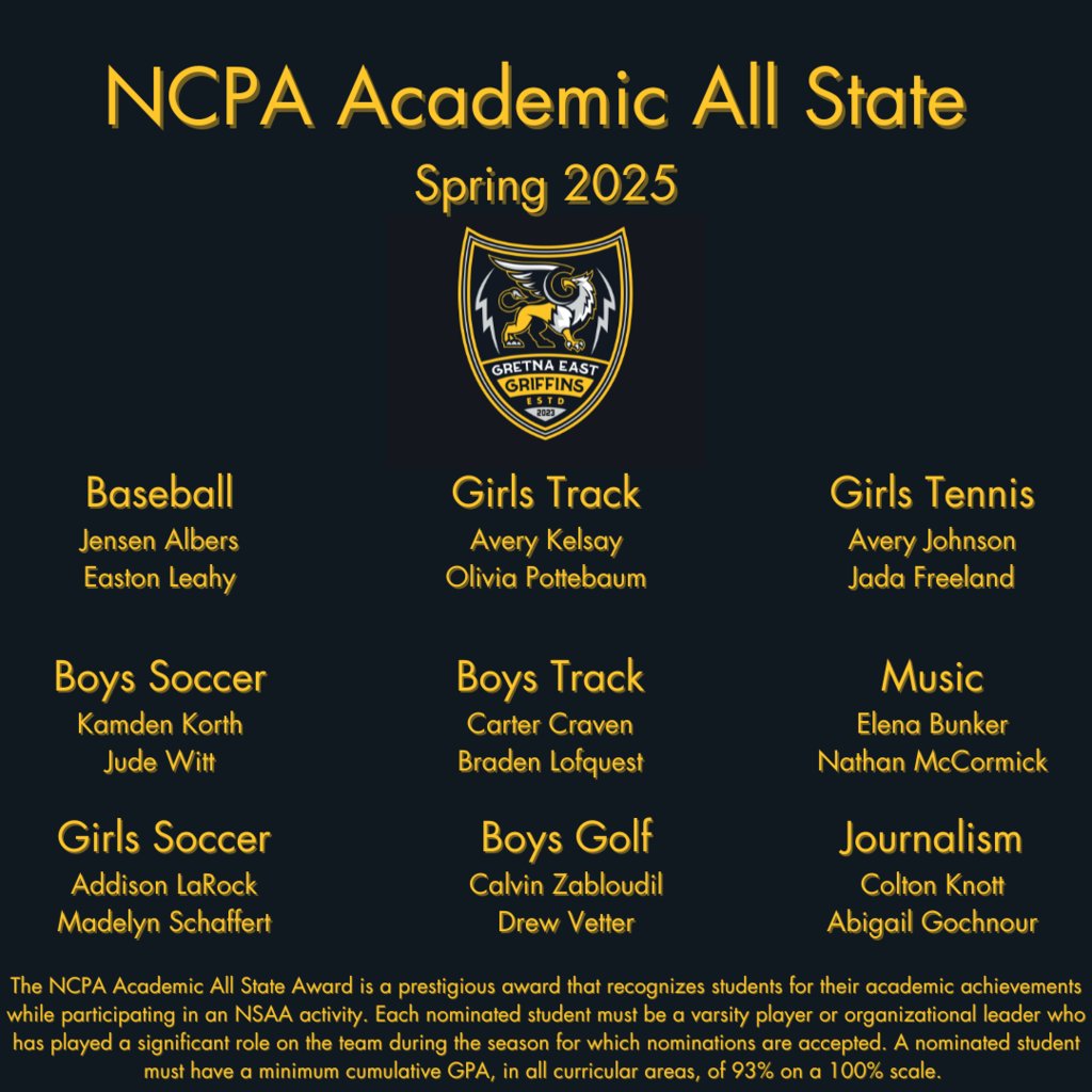 GEHSGriffins's tweet image. A huge shout-out to our GE students who earned EMC Academic All-Conference and NCPA Academic All-State honors for Spring 2025!
