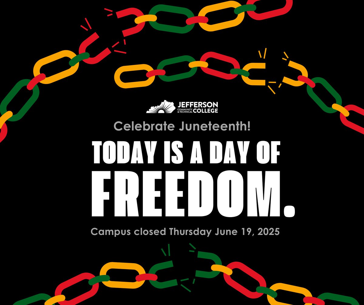 Today, we celebrate Juneteenth, commemorating the day in 1865 when the last enslaved African Americans in Galveston, Texas, were finally informed of their freedom, more than two years after the Emancipation Proclamation. All Jefferson campuses and offices are closed today.