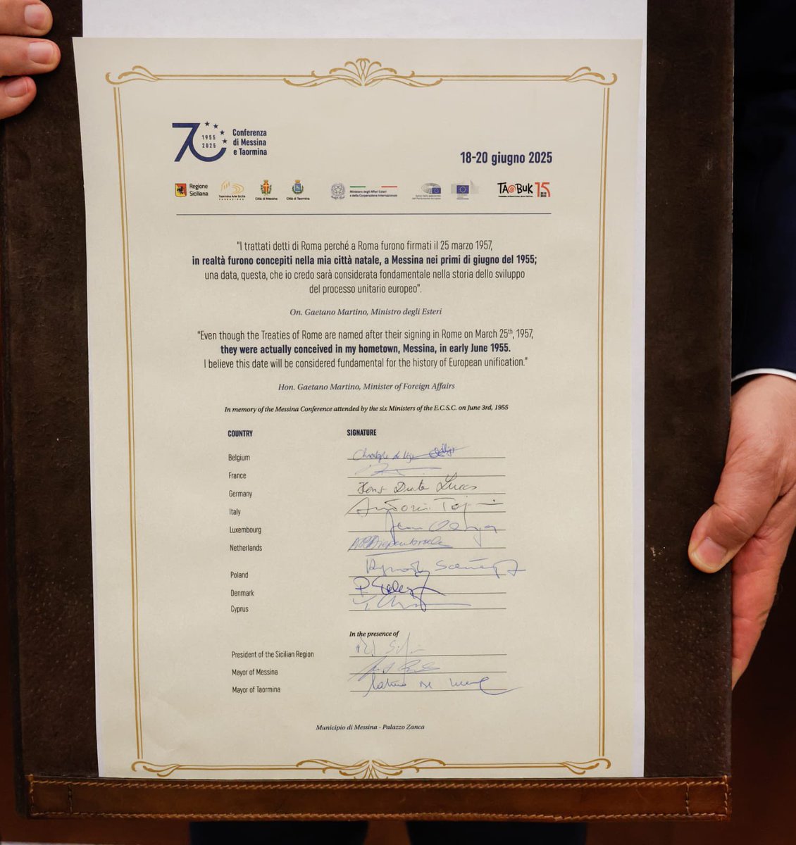 CyprusinItaly's tweet image. Ambassador @ChristofidesY : &quot;Honoured to have represented 🇨🇾 Minister of Foreign Affairs @ckombos at today’s Taormina Ministerial Meeting celebrating the 70th anniversary of the Messina Conference - a historic milestone in the process of European integration. 

Grateful to 🇮🇹…