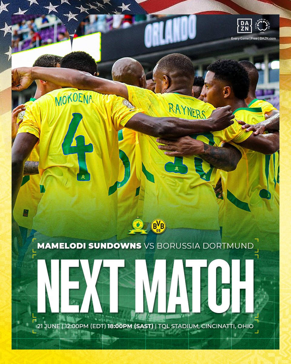 Up next in Group F - the Yellow Nation meets the Yellow Wall!🇿🇦🤝🇩🇪

⚽ Mamelodi Sundowns vs Borussia Dortmund
📆 21 June  
⏰ 12H00 EDT | 18H00 SAST
🏟 TQL Stadium, Cincinatti, Ohio
📺 SS 203
🔗 Catch all the action for FREE, live on DAZN! 📲 bit.ly/DownsDAZN