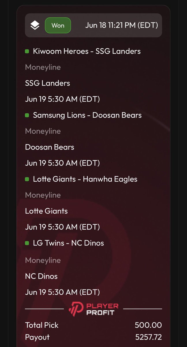 SENDING $50 TO 2 FOLLOWERS 👑

LIKE ❤️ + RT ♻️ + COMMENT 🗣️

CASH THE KBO LOTTO 🔥🔥

✅ +951 KBO LOTTO 💎
         ☑️ Landers ML 🛸
         ☑️ Dinos ML 🦕
         ☑️ Giants ML 💪
         ☑️ Bears ML 🐻

$500 --> $5257 🤑

A HUGE CASH ON @Player_profit 🤯

THE CHAMP IS HERE 👑