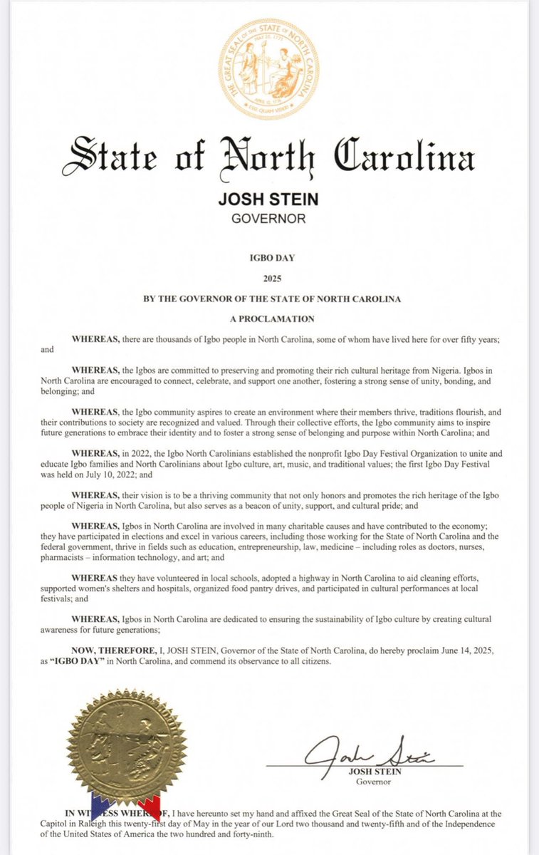 Governor of North Carolina declares June 14 2025 “IGBO DAY”