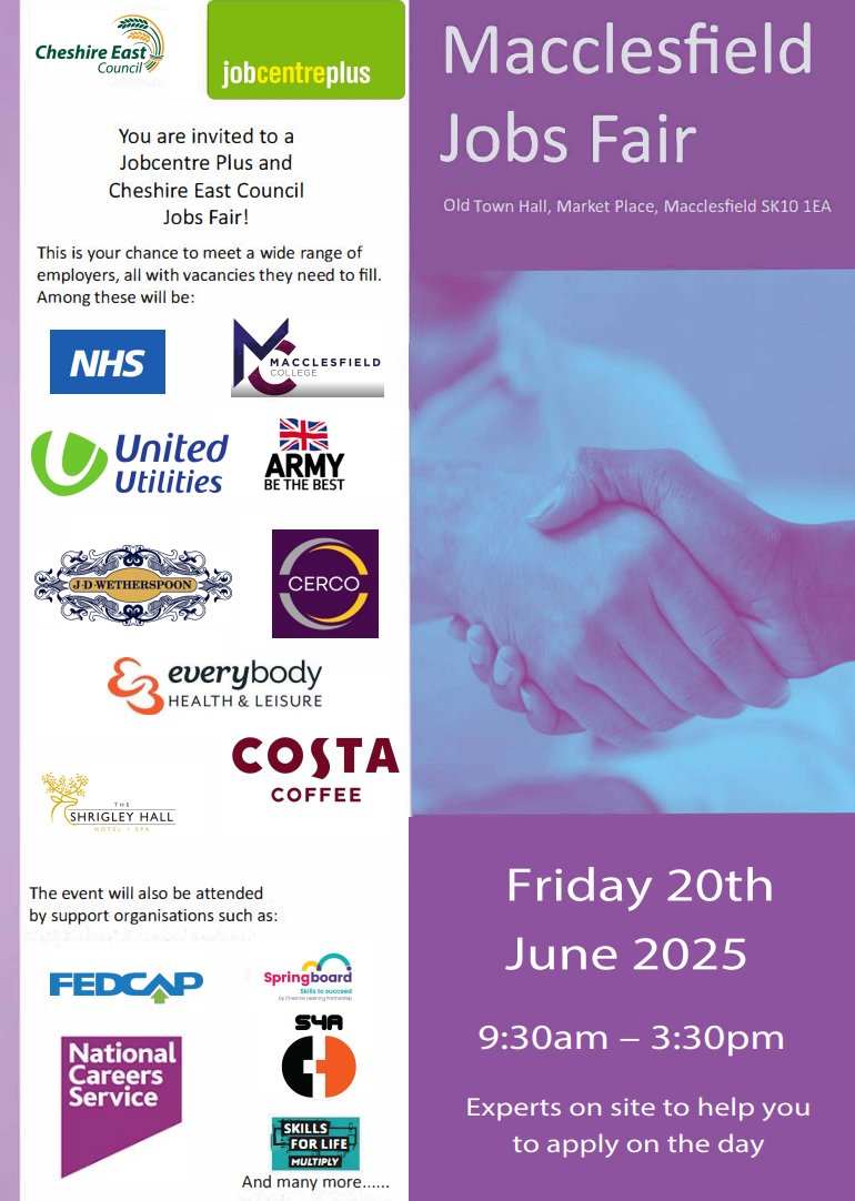 Macclesfield Jobs Fair - Friday 20 June. Old Town Hall.
Whether just starting out, looking for a fresh challenge, or exploring new career paths, this event is a chance for job seekers to meet face-to-face with employers offering a wide range of roles.  
Open from 9.30am-3.30pm.