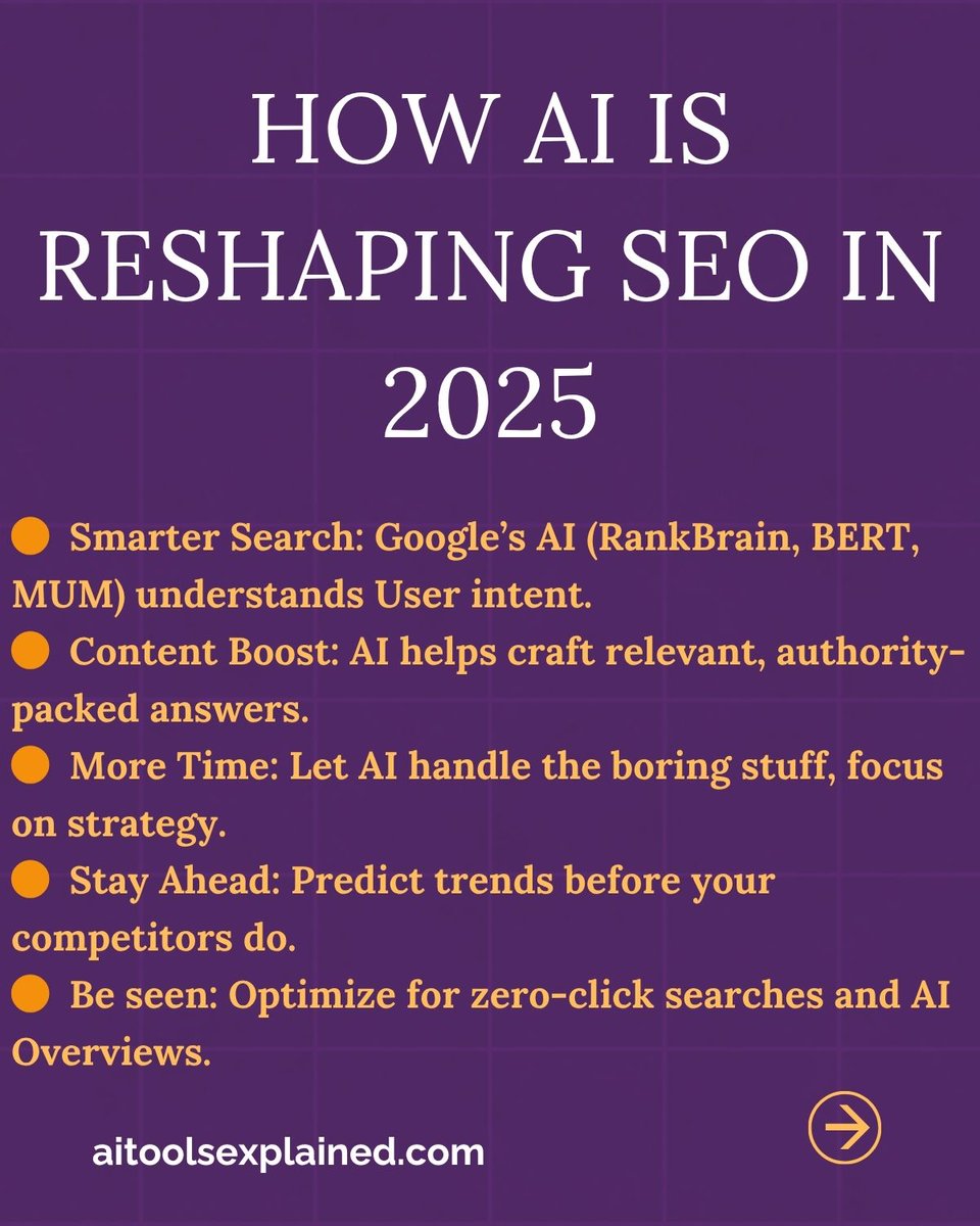 AIToolsX's tweet photo. AI is reshaping SEO in 2025!  From smarter search understanding to zero-click optimization, it's time to level up. Explore top AI-powered SEO tools &amp; learn to future-proof your strategy. Your new secret weapon at https://t.co/a2NweyKB9x
#AISEO #SEO2025 #AItools #AIToolsExplained https://t.co/HLaWMc9gli