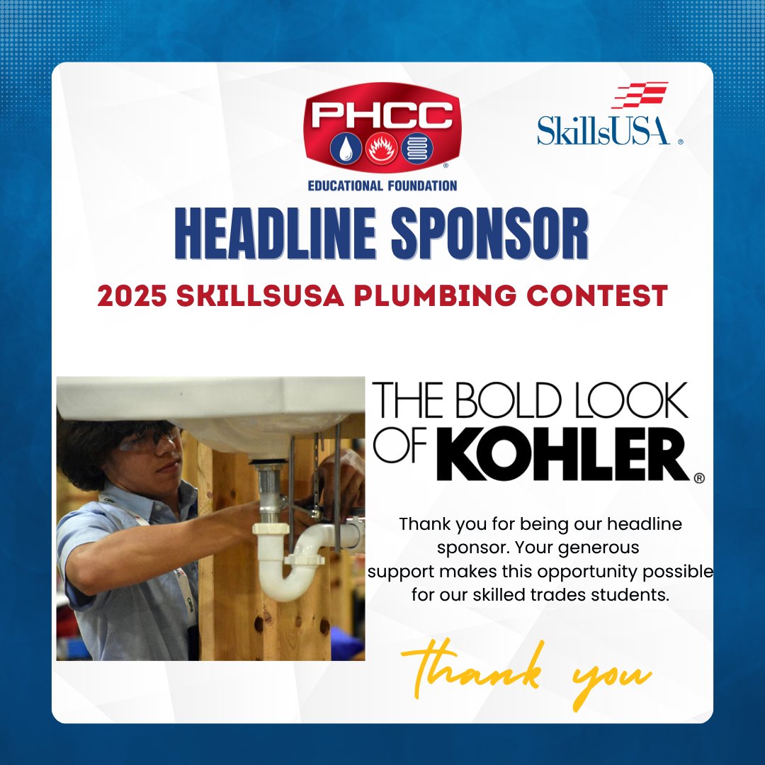 HUGE THANKS to our incredible headline sponsors like Kohler for making the 2025 SkillsUSA National Plumbing Championship possible!
Thank you for believing in our mission and investing in tomorrow's workforce. 💪

#SkillsUSA #PlumbingChampionship #Kohler