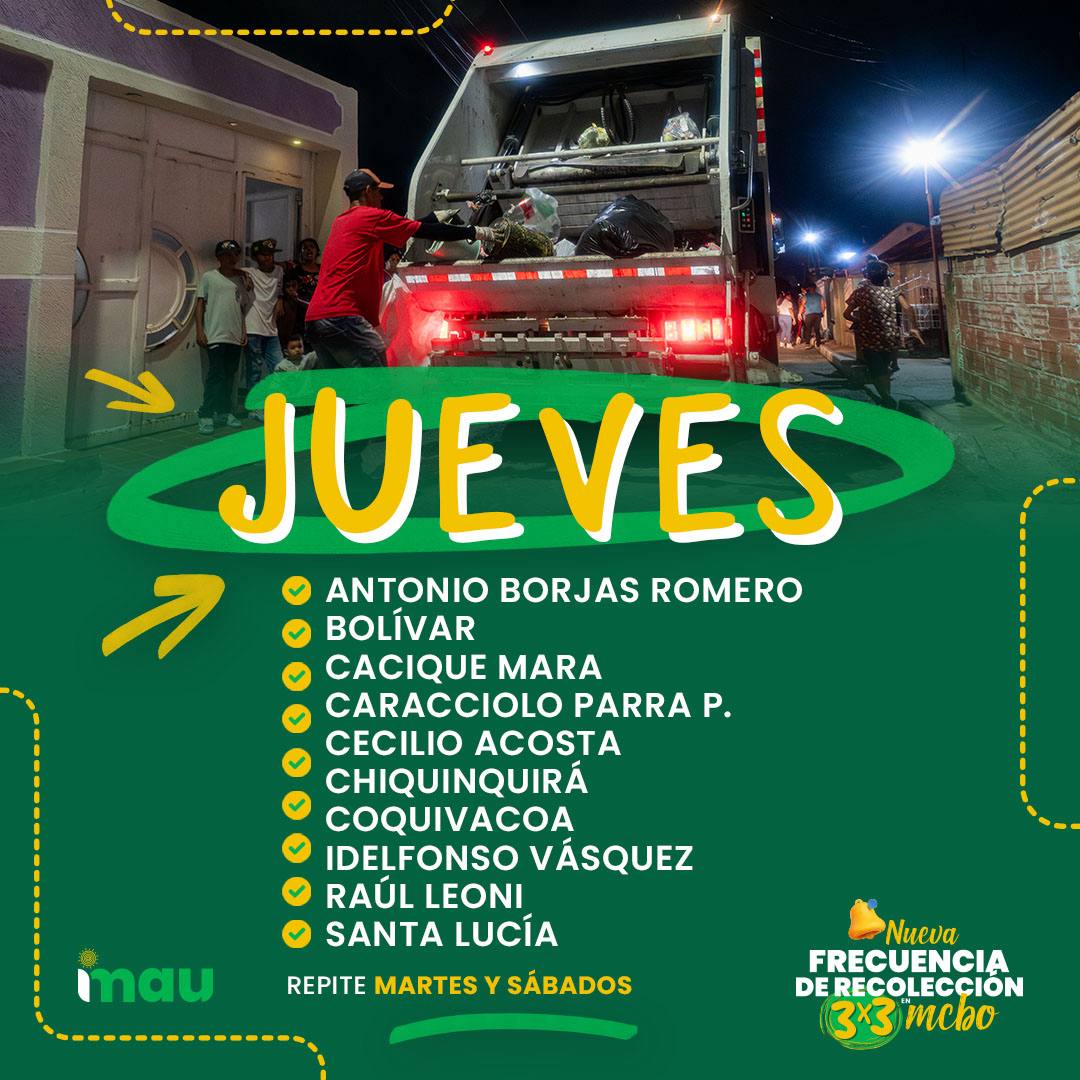 Un Maracaibo limpia comienza desde casa.
Saca la basura solo días que corresponde en tu sector y evita acumulaciones innecesarias. ¡Juntos , si se puede! 🔆Feliz jueves.