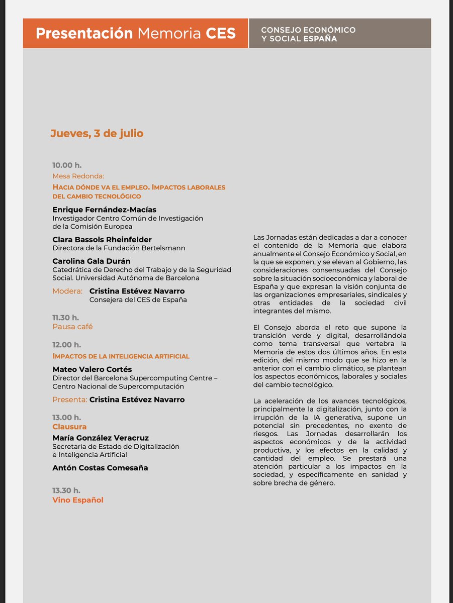 AEDTSS (@aedtss) on Twitter photo Por si fuera de vuestro interés, <a href="/eMartinSerra_NO/">Enrique Martín</a> informa de la Jornada de presentación de la Memoria sobre la situación socioeconómica y laboral de España 2024 elaborada por el <a href="/CESEspana/">Consejo Económico y Social de España</a>
Enlace para inscripciones: acortar.link/KsBymQ Por si fuera de vuestro interés, <a href="/eMartinSerra_NO/">Enrique Martín</a> informa de la Jornada de presentación de la Memoria sobre la situación socioeconómica y laboral de España 2024 elaborada por el <a href="/CESEspana/">Consejo Económico y Social de España</a>
Enlace para inscripciones: acortar.link/KsBymQ