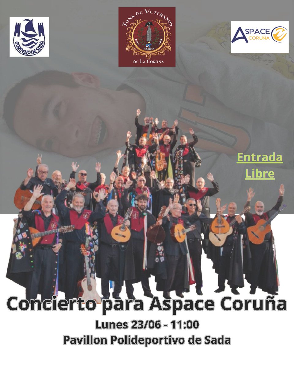 ASPACE Coruña (@aspacecoruna) on Twitter photo 📣El próximo lunes 23 de junio a las 11.00 h. la Tuna de Veteranos de A Coruña ofrecerá un concierto para ASPACE Coruña en el Pabellón Polideportivo de <a href="/concellodesada/">Concello de Sada</a> y estará abierto al público, así que no perdáis la oportunidad de acompañarnos! #SomosASPACE #ParálisisCerebral 📣El próximo lunes 23 de junio a las 11.00 h. la Tuna de Veteranos de A Coruña ofrecerá un concierto para ASPACE Coruña en el Pabellón Polideportivo de <a href="/concellodesada/">Concello de Sada</a> y estará abierto al público, así que no perdáis la oportunidad de acompañarnos! #SomosASPACE #ParálisisCerebral