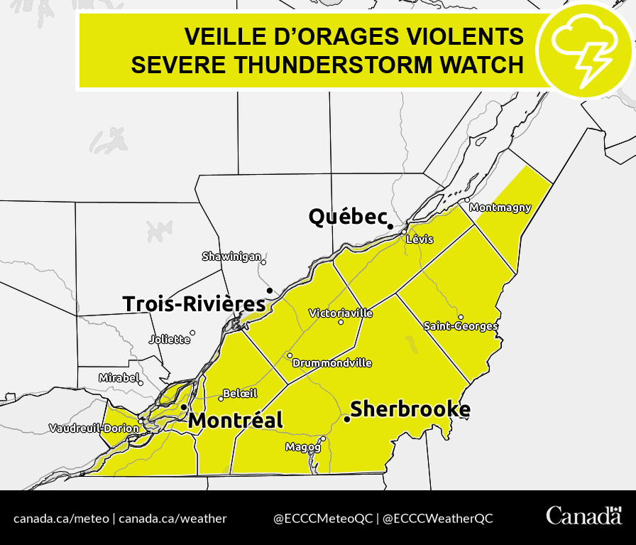 ⚡ A severe #thunderstorm watch has been issued for for southern Quebec as conditions are favourable for the development of severe thunderstorms this afternoon.  

Follow our warnings on ow.ly/1fbP50WchZ2 and via our mobile app WeatherCAN.

#QCstorm