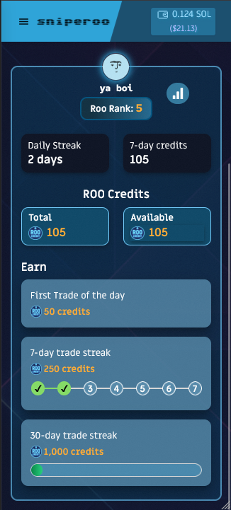 Sniperoo update is live TODAY🔥

Roobits are here. Earn them just by using the platform. Every trade, every move, counts

We’re also launching the first-ever leaderboard. Top 100 by volume get bragging rights, visibility and SOL rewards!

This is just the beginning🚀