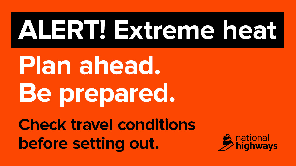 The UK Health Security Agency and Met Office have issued an amber heat health alert for all regions of England.

The alert is in place from 1200 Thurs 19 June until 0900 on Mon 23 June. 

If you plan to travel by road in this period see our advice here:
nationalhighways.co.uk/road-safety/tr…