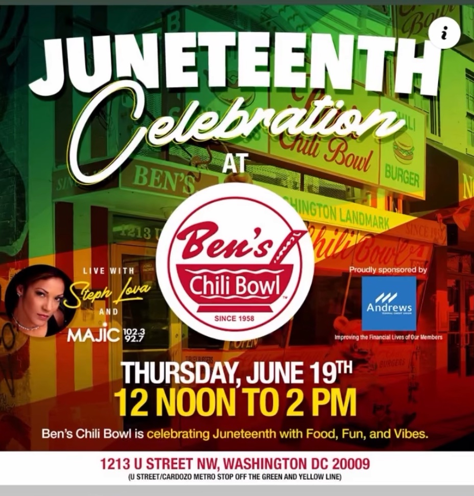 benschilibowl's tweet image. Steph Lova & Majic 102.3 will broadcast live 12 - 2pm at Ben’s U St in celebration of Juneteenth— a powerful reminder of resilience, liberation, and the ongoing pursuit of justice and equality.
#Juneteenth #FreedomDay #BensChiliBowl #UStreetHistory #BlackExcellence