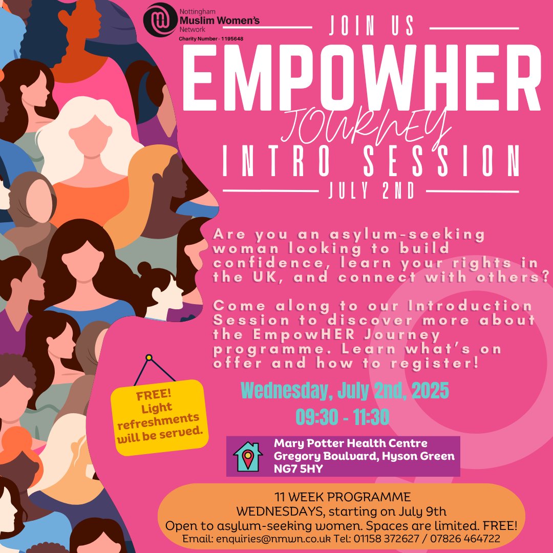 ✨ EmpowHER Journey – Intro Session ✨

#nmwn #empowHER #supportingwomen #asylumseekers #asylumseekingwomen #introsession #joinus #marypotterhealthcentre #coomunity #session #programme #nottingham #uk