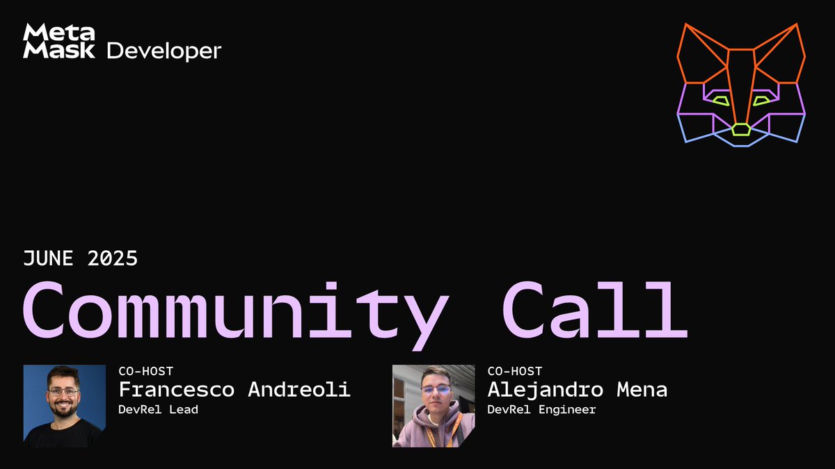 MetaMask Developer (@metamaskdev) on Twitter photo Join us for this month's <a href="/MetaMaskDev/">MetaMask Developer</a> Community Call on Thursday, June 26 at 3pm GMT / 11am EST.
We'll be spotlighting our recent <a href="/Web3Auth/">Web3Auth</a> acquisition and what it means for the future of embedded wallets in <a href="/MetaMask/">MetaMask.eth π¦</a>. Join us for this month's <a href="/MetaMaskDev/">MetaMask Developer</a> Community Call on Thursday, June 26 at 3pm GMT / 11am EST.
We'll be spotlighting our recent <a href="/Web3Auth/">Web3Auth</a> acquisition and what it means for the future of embedded wallets in <a href="/MetaMask/">MetaMask.eth π¦</a>.