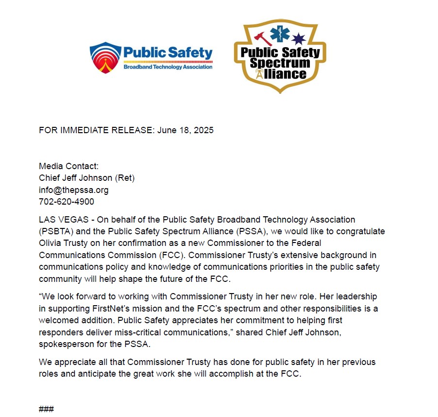 We congratulate Olivia Trusty on her confirmation as a new Commissioner on the #FCC Federal Communications Commission! We appreciate all that she has done for public safety in her previous roles and anticipate the great work she will accomplish at the FCC.