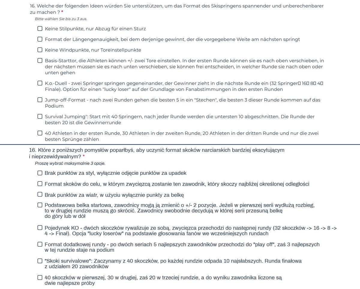 Adam Bucholz (@bucholz_adam) on Twitter photo Fragment (prawdopodobnie) ankiety FIS, w której przedstawiciele światowej federacji mieli zapytać się ankietowanych o wybór najciekawszych propozycji nowych formatów zawodów w skokach narciarskich 🤔
Źródło: Sportforen #skijumpingfamily <a href="/Skijumpingpl/">Skijumping.pl</a> Fragment (prawdopodobnie) ankiety FIS, w której przedstawiciele światowej federacji mieli zapytać się ankietowanych o wybór najciekawszych propozycji nowych formatów zawodów w skokach narciarskich 🤔
Źródło: Sportforen #skijumpingfamily <a href="/Skijumpingpl/">Skijumping.pl</a>
