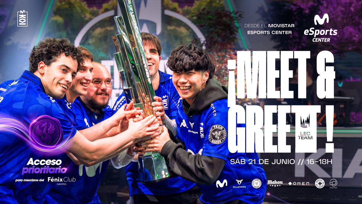 ESTE SÁBADO HACEMOS MEET &amp; GREET 🏆

Pilla a tus colegas y veníos a conocer en persona a nuestro equipo de #LEC en el Movistar eSports Center.

Si además eres socio del Fénix Club, tendrás acceso prioritario durante el M&amp;G.

Te esperamos con las cabras de 16h a 18h en el MEC 🤙