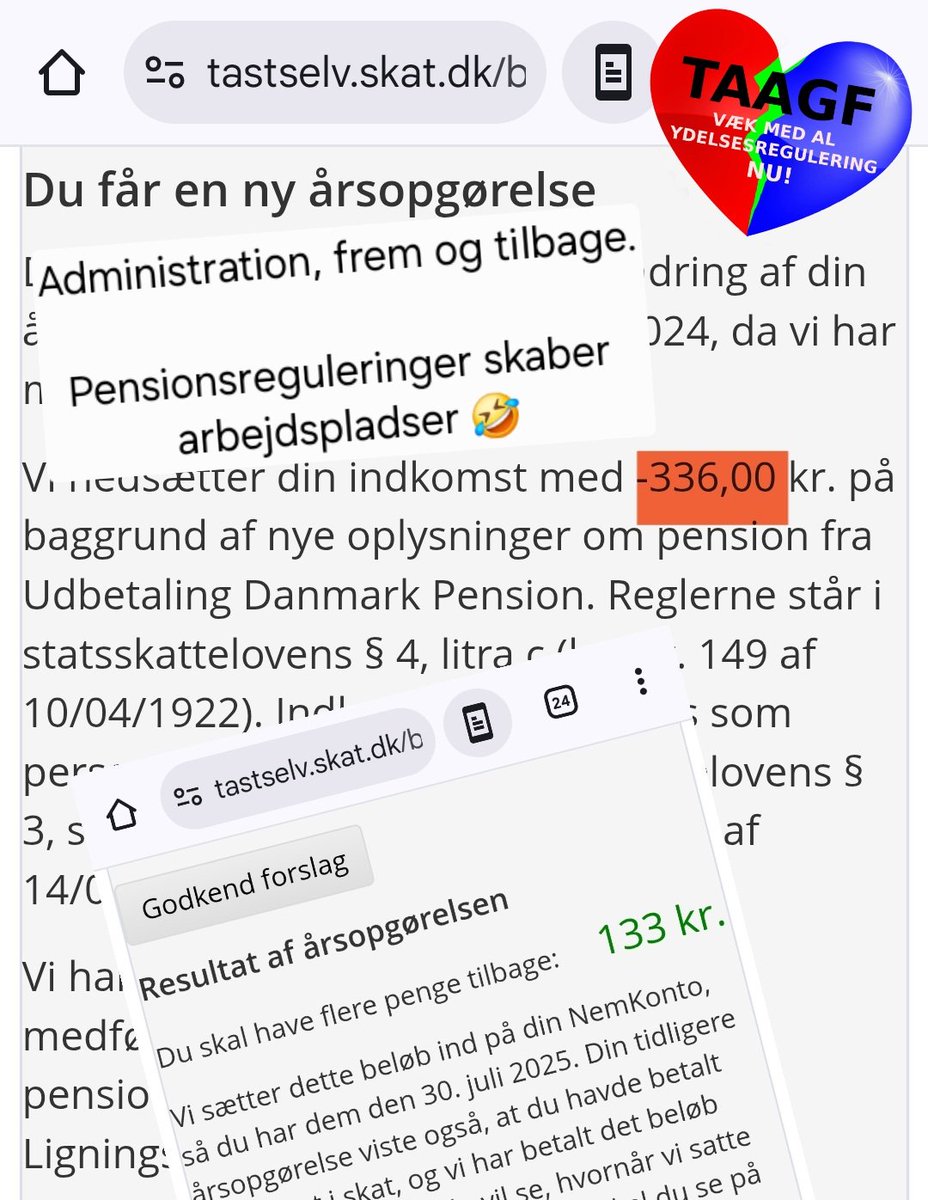 Hvad skulle alle de administrative ansatte lave, hvis de ikke skulle regulere pensioner sønder og sammen, samt svare borgere på spørgsmål om et system kun få forstår.

Her har Skat og Udbetaling Danmark udvekslet data om henholdsvis -366kr. og +133kr. totalt 233kr.❗