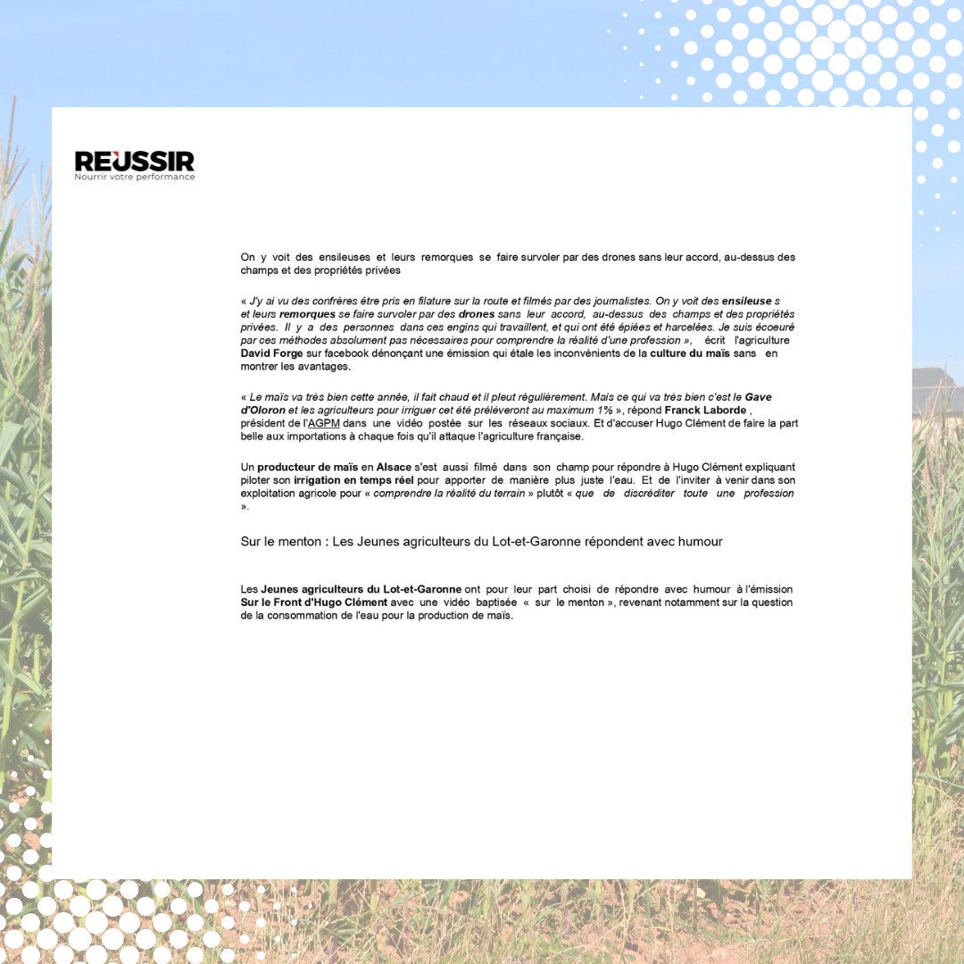 AGPM (@agpm_mais) on Twitter photo 🌽 La filière #maïs française dans le viseur de Sur le front d'<a href="/hugoclement/">Hugo Clément</a>.
📣 Nous avons répondu collectivement, avec le soutien des organisations agricoles (<a href="/AGPB_Cerealiers/">AGPB-Les Nouveaux Céréaliers</a>, <a href="/CGB_FR/">CGB</a>, <a href="/FNSEA/">La FNSEA</a>, <a href="/JeunesAgri/">Jeunes Agriculteurs</a>, <a href="/UNPT_FRANCE/">UNPT 🥔</a>
<a href="/FopProducteurs/">FOP</a> ).
🎙️ <a href="/Laborde_Franck/">Franck LABORDE</a> (AGPM) a pris la 🌽 La filière #maïs française dans le viseur de Sur le front d'<a href="/hugoclement/">Hugo Clément</a>.
📣 Nous avons répondu collectivement, avec le soutien des organisations agricoles (<a href="/AGPB_Cerealiers/">AGPB-Les Nouveaux Céréaliers</a>, <a href="/CGB_FR/">CGB</a>, <a href="/FNSEA/">La FNSEA</a>, <a href="/JeunesAgri/">Jeunes Agriculteurs</a>, <a href="/UNPT_FRANCE/">UNPT 🥔</a>
<a href="/FopProducteurs/">FOP</a> ).
🎙️ <a href="/Laborde_Franck/">Franck LABORDE</a> (AGPM) a pris la
