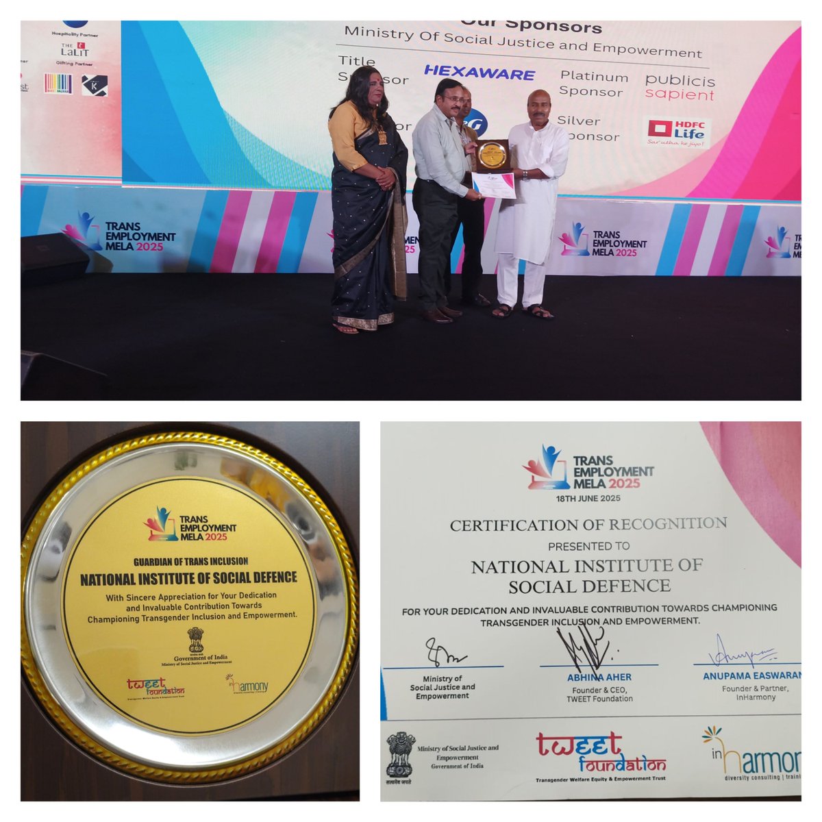 The T&amp;B division is pleased to share that T&amp;B Div has received an award Guardian of Trans Inclusion for the out standing work in field of welfare &amp; empowerment of transgender community at Trans Employment Mela at Lalit Hotel by our hon'ble Union Minister Sh. Virendra Kumar Ji.