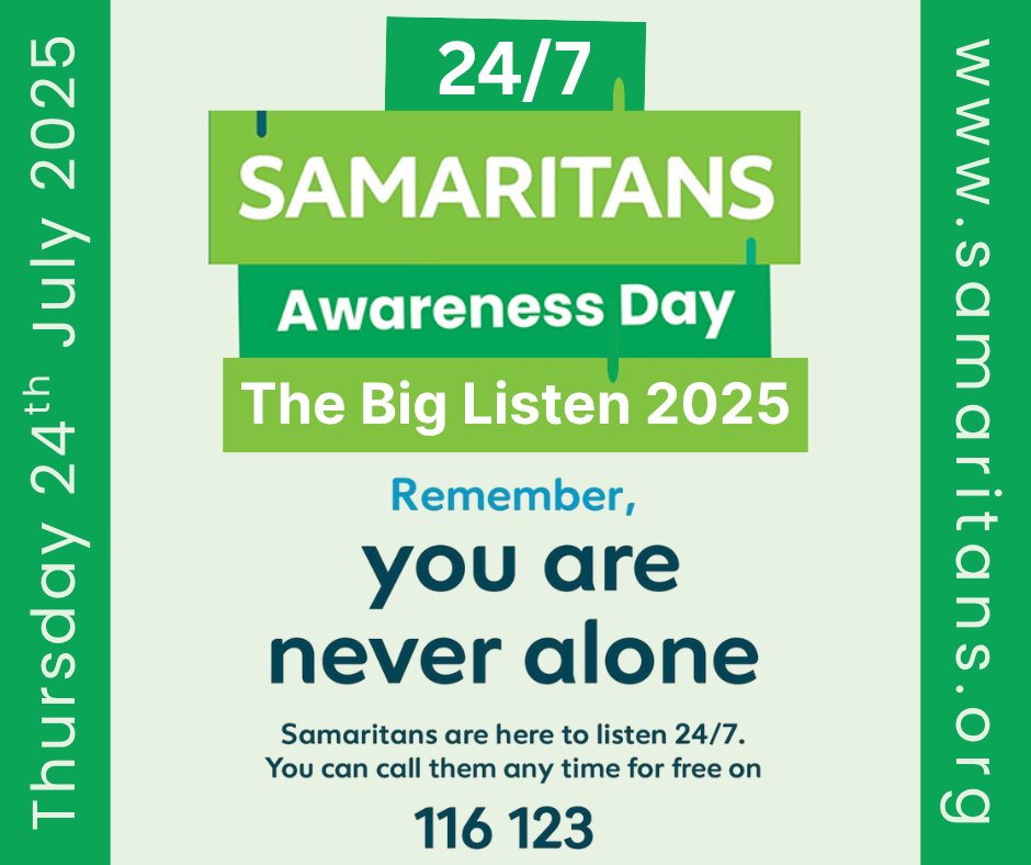 🧡The Big Listen 2025🧡
Today, we’re reminding everyone: you’re never alone.
Samaritans are there to listen, 24/7 — no judgement, no pressure. 
Be the ear someone needs. You never know the difference one conversation can make💬👂
#Samaritans #TheBigListen #MentalHealthAwareness