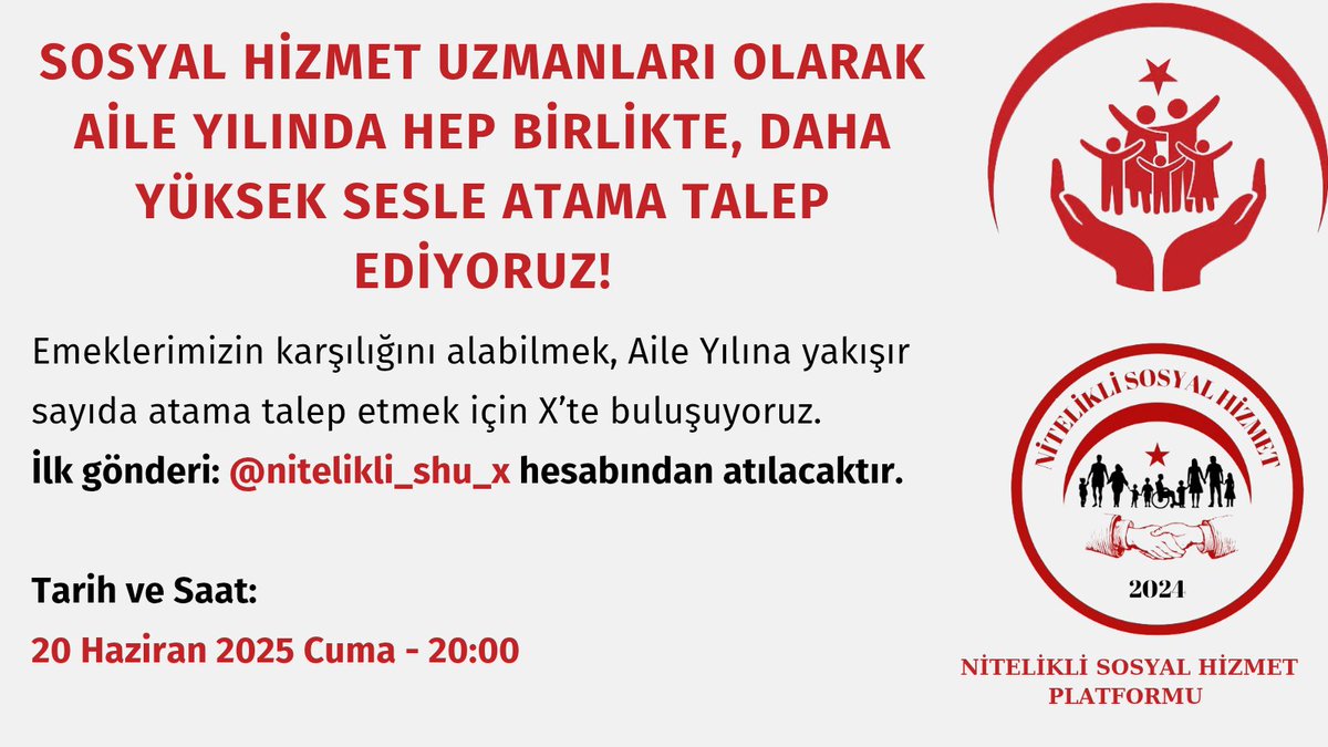 📢 DUYURU

Aile Yılında Daha Güçlü Bir Sesle, Daha Yüksek Bir Katılımla Atama Talebimizi Hep Birlikte Duyuralım!

Sosyal adaletin teminatı, toplumun sesi, ailenin güvencesi olan biz sosyal çalışmacılar, Aile Yılı’na yakışır biçimde kamuda daha fazla istihdam talebimizi birlikte