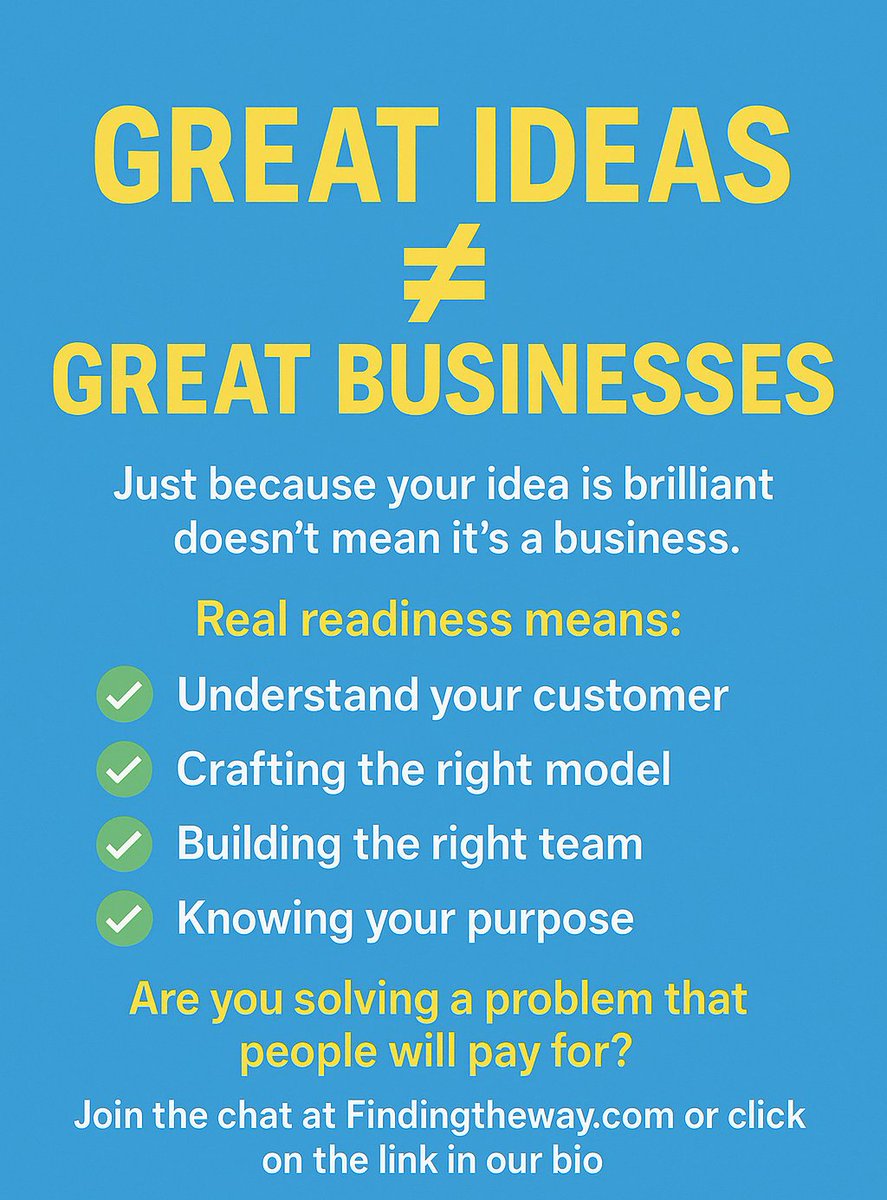 Just because your idea is brilliant doesn’t mean it’s a business.
Real readiness means:
✅ Understanding your customer
✅ Crafting the right model
✅ Building the right team
✅ Knowing your purpose

#Startups #BusinessTips #EntrepreneurJourney #findingtheway