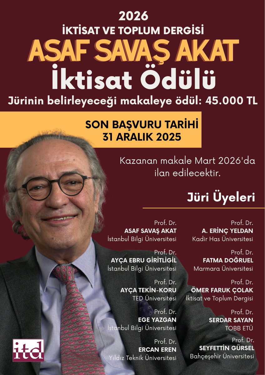 2026 İktisat ve Toplum Dergisi Asaf Savaş Akat İktisat Ödülü için başvurular başladı!  

Yönetmelik ve başvuru formu için linki tıklayabilirsiniz:  
iktisatvetoplum.com/itdyarisma/