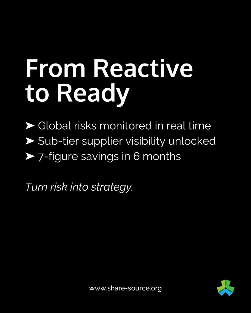 ShareSourceGPO's tweet image. Most supply chains react to risk. Nissan got ahead—and saved 7 figures in 6 months.
✅ Real-time monitoring
✅ Sub-tier visibility
✅ Weather &amp;amp; cyber analytics
✅ Actionable playbooks
It’s not the risk. It’s the inaction.
Make your data work: bit.ly/47oWvKa