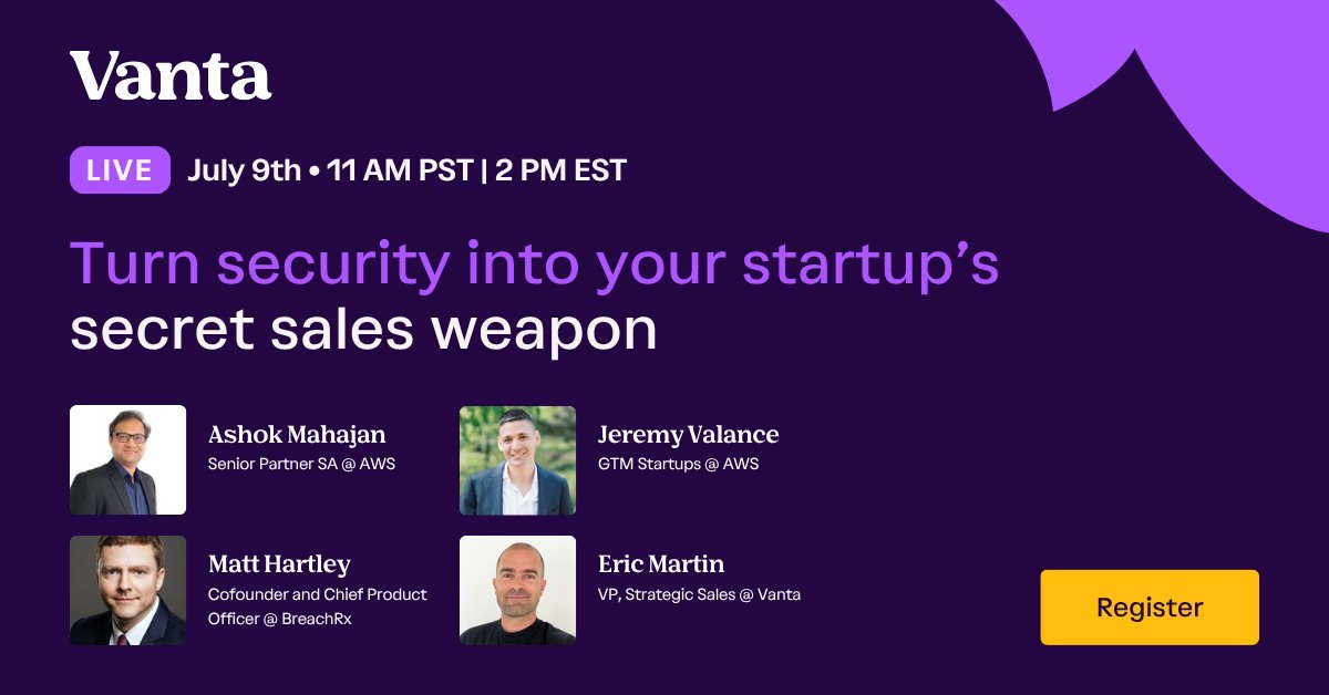 BreachRx's tweet photo. Startups move fast - but today’s buyers expect enterprise-grade #security from day one.

Don't miss our session with @TrustVanta &amp; @awscloud for tips, proven strategies, and real-world examples to learn how to turn security into your secret sales weapon. https://t.co/HMuaa3smmD https://t.co/AOWuclgqbO