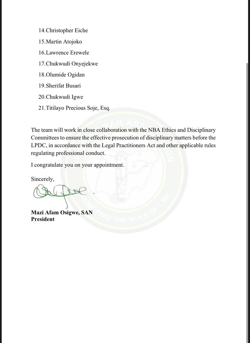 NBA LEGAL PRACTITIONERS DISCIPLINARY COMMITTEE (LPDC) PROSECUTORS’ TEAM 

Dear colleagues, 

In furtherance of the approval granted by the National Executive Council (NEC) of the Nigerian Bar Association, at it meeting held on Thursday, November 7, 2024, at Nike Lake Resort,