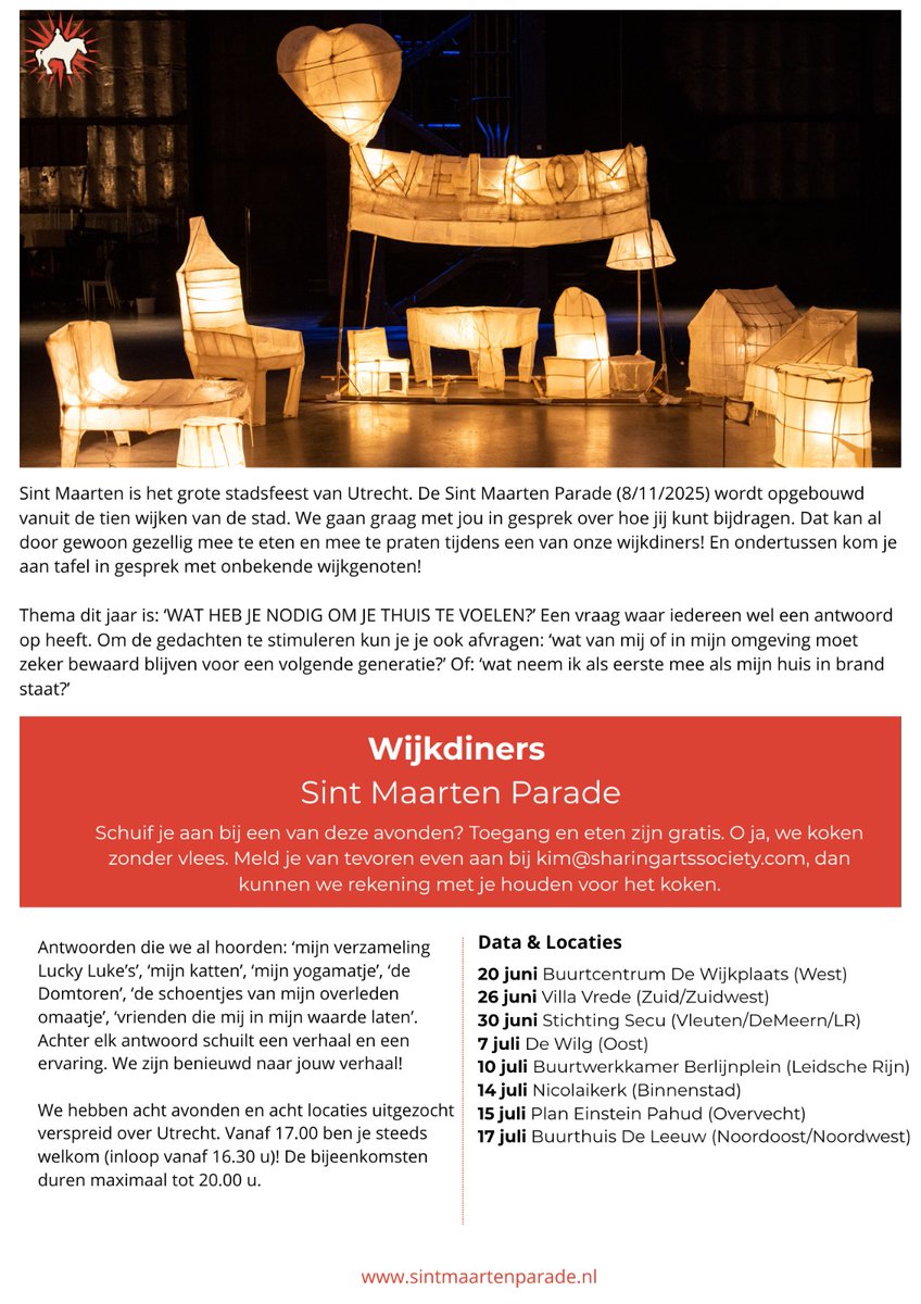 🏠 Kom op 30 juni om 17:00 naar SECU (Vogelvlinderweg 50) voor een warm wijkdiner met het thema ‘Thuis’.
Gratis eten, mooie gesprekken &amp; ontmoetingen.
📧 Aanmelden: kim@sharingartssociety.com / 06-43907230
#sintmaartenparade #wijkdiner #Utrecht #thuisgevoel