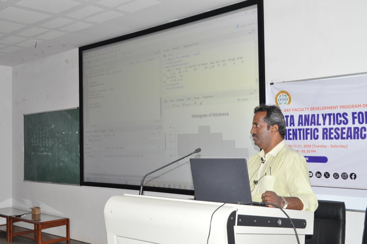 kstacademy's tweet image. 📊 Day 3 of KSTA’s FDP on “Data Analysis for Scientific Research”
🔹 Sessions by Dr. Boby John, ISI Bengaluru
✅ R Programming
✅ Data Visualization
✅ Descriptive &amp;amp; Inferential Stats
From code to conclusions — hands-on learning in full swing!
#KSTA #FDP #RStats #ScienceEducation