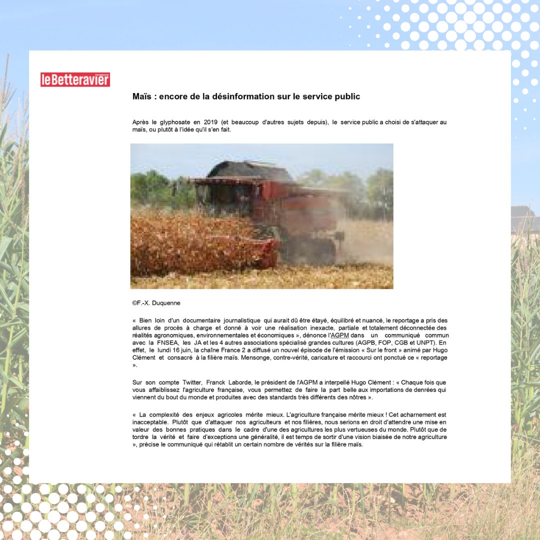AGPM (@agpm_mais) on Twitter photo 🌽 #Médias | Maïs : encore de la désinformation sur le service public – 16 juin 2025
🎯 Le monde agricole une fois de plus pris pour cible.
📺 Sur le Front d’Hugo Clément déforme la réalité du maïs français.
🗞️ <a href="/LeBetteravierFR/">Le Betteravier français</a> évoque une vague d’indignation dans le secteur.
🗣️ 🌽 #Médias | Maïs : encore de la désinformation sur le service public – 16 juin 2025
🎯 Le monde agricole une fois de plus pris pour cible.
📺 Sur le Front d’Hugo Clément déforme la réalité du maïs français.
🗞️ <a href="/LeBetteravierFR/">Le Betteravier français</a> évoque une vague d’indignation dans le secteur.
🗣️