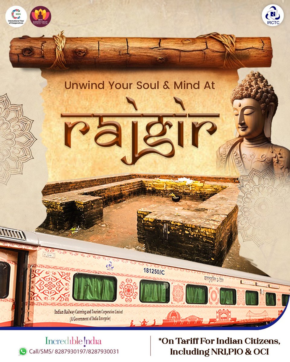 Give yourself a peaceful retreat and unwind your soul with a visit to Rajgir aboard the #BuddhistCircuitTouristTrain. Book and avail 20% discount on tariff for Indian Citizens, including NRI, PIO &amp; OCI. 

Departure dates: 08.11.2025 and 22.11.2025. 
 For more information, 
Visit: