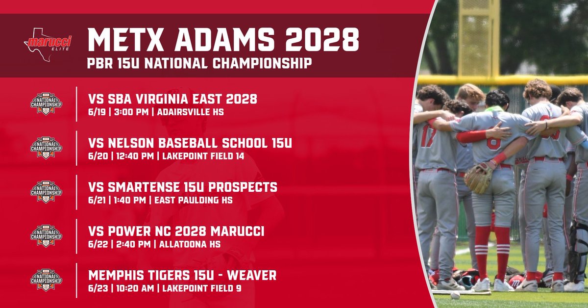 Adrian Adams (@coach__adams) on Twitter photo The <a href="/MarucciEliteTX/">Marucci Elite Texas</a> Adams 2028’s are in Georgia for the <a href="/PBRTournaments/">Prep Baseball Tournaments</a> 15U National Championship. We’re ready to go #allout in Hotlanta 🔥
<a href="/RecruitMETx/">METx Recruiting</a> #InOrInTheWay
#WeAintForEverybody #MarucciFamily The <a href="/MarucciEliteTX/">Marucci Elite Texas</a> Adams 2028’s are in Georgia for the <a href="/PBRTournaments/">Prep Baseball Tournaments</a> 15U National Championship. We’re ready to go #allout in Hotlanta 🔥
<a href="/RecruitMETx/">METx Recruiting</a> #InOrInTheWay
#WeAintForEverybody #MarucciFamily