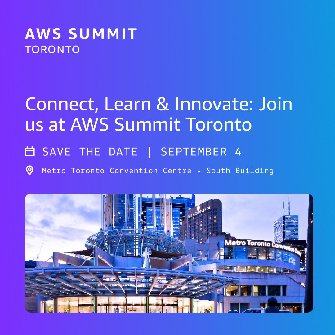 #AWS brings the cloud community together. ☁️📍 🇨🇦 

Discover the latest technologies, &amp; find out how they can help you experiment &amp; move quickly at #AWSSummit Toronto. 
#CloudComputing #Developer

Save the date. 👉 go.aws/4lceDx7