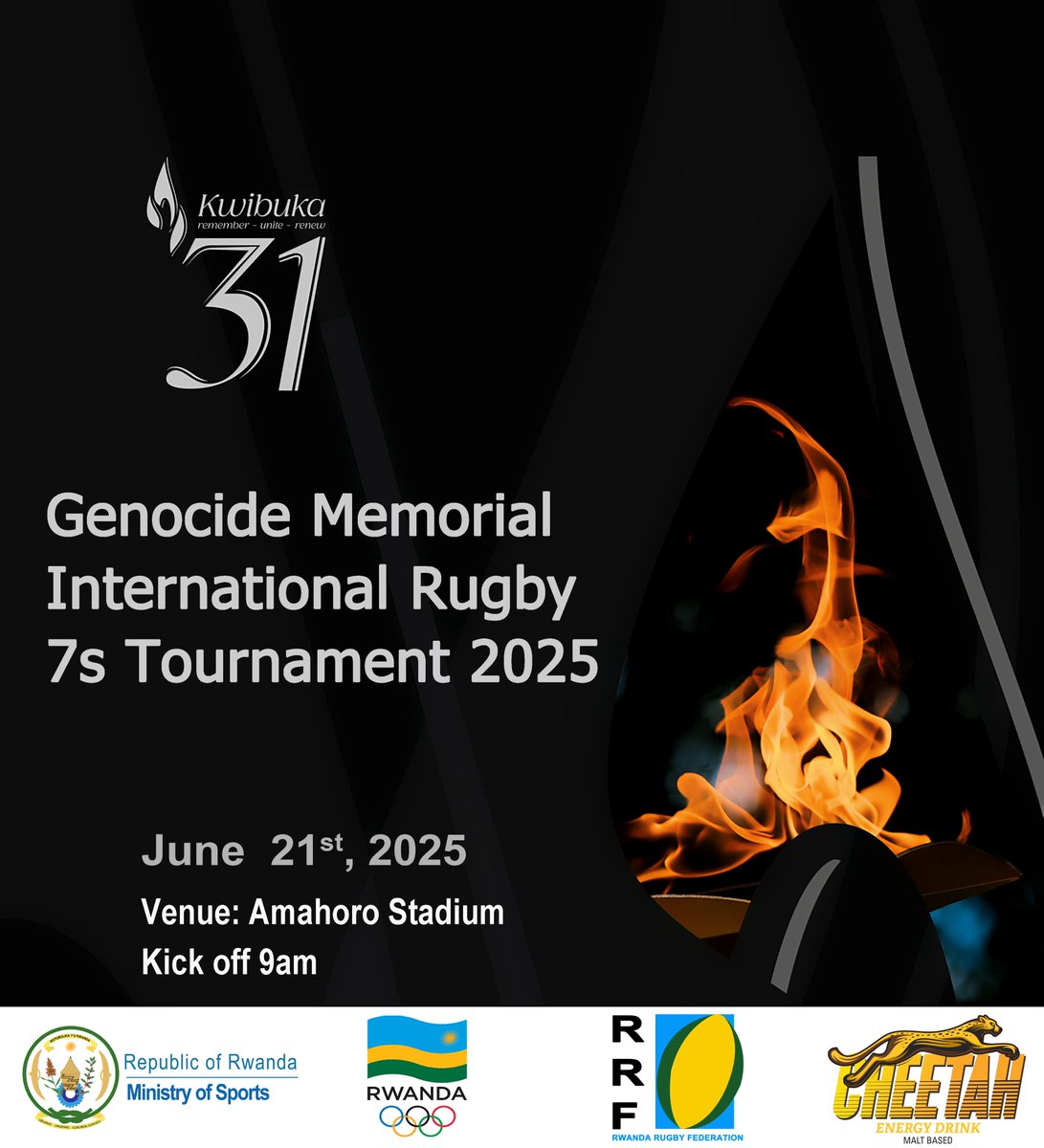RugbyRwanda's tweet photo. 1/2: The wait is over!

Join us this Saturday 21st June, 2025 for the 11th Edition of the Genocide Memorial Rugby 7s Tournament held at #Amahoro #Stadium from 9am.

The goal is to honor the memory of the Genocide against the Tutsi through the spirit of unity and sport.

#GMT2025 https://t.co/EEWHpgvUIg