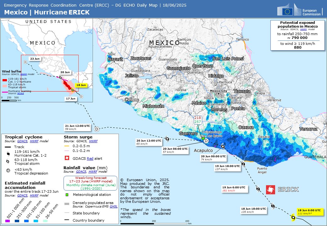 ECHO_LatAm's tweet image. Category 4 #Hurricane ERICK is closing in on southern Mexico with winds of 230 km/h.
The EU is closely monitoring the hurricane’s impact.
View the latest impact map from the European Union's Humanitarian Aid.
👉europa.eu/!bXyKdk